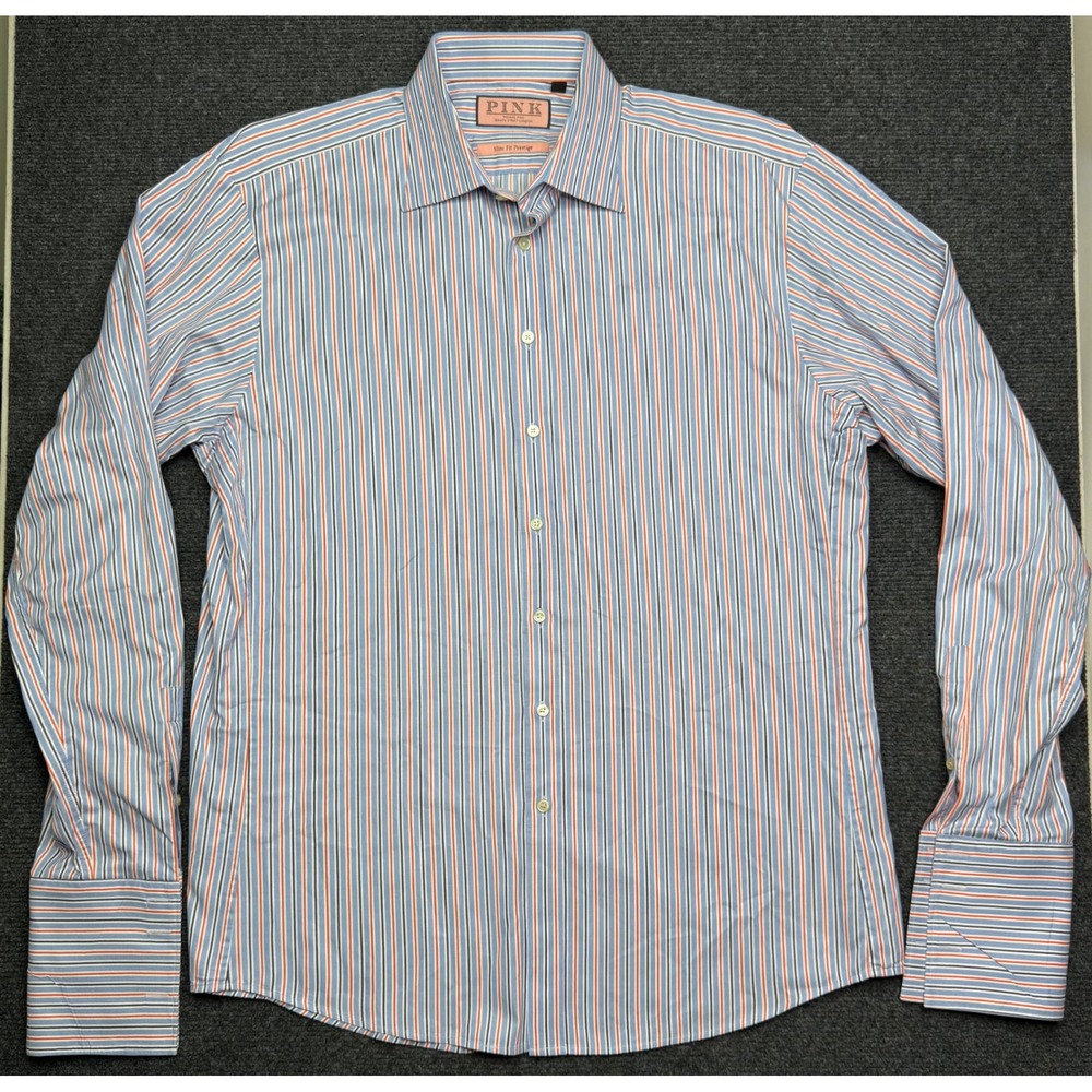 Thomas Pink Slim Fit Prestige Dress Shirt Blue Orange Stripe French Cuff 16.5 42